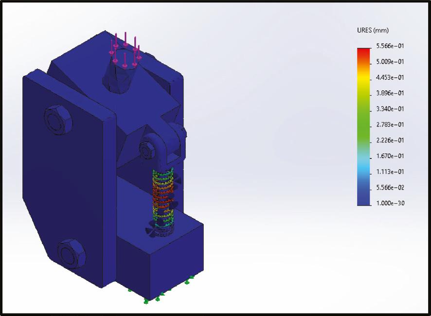 The figure shows the displacement result on the designed device analyzed by the use of finite element [3D solid modeling CAD software].