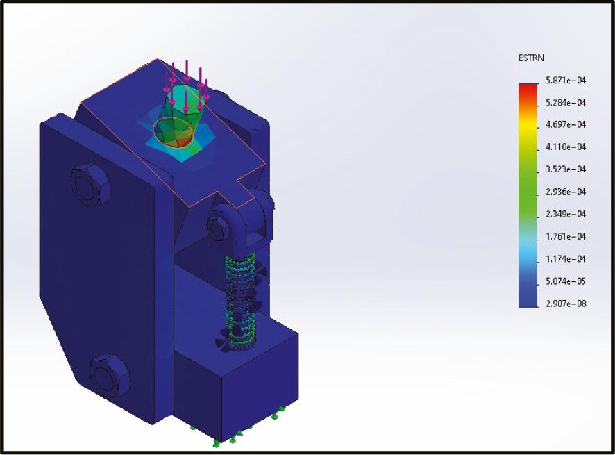 The figure shows the strain result on the designed device analyzed by the use of finite element [3D solid modeling CAD software].